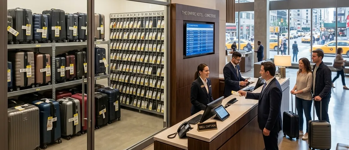 Clean modern hotel luggage storage room and concierge desk with neatly tagged rolling suitcases and bags in a Manhattan hotel
