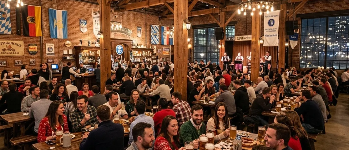 Spacious German-style indoor beer hall in Manhattan with long rustic timber picnic tables, beer steins, giant pretzels, and groups of friends talking