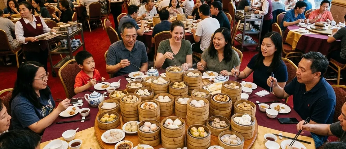 Large round rotating lazy Susan banquet table filled with bamboo dim sum steamers, dumplings, and Cantonese tea in a lively Chinatown banquet hall in Manhattan