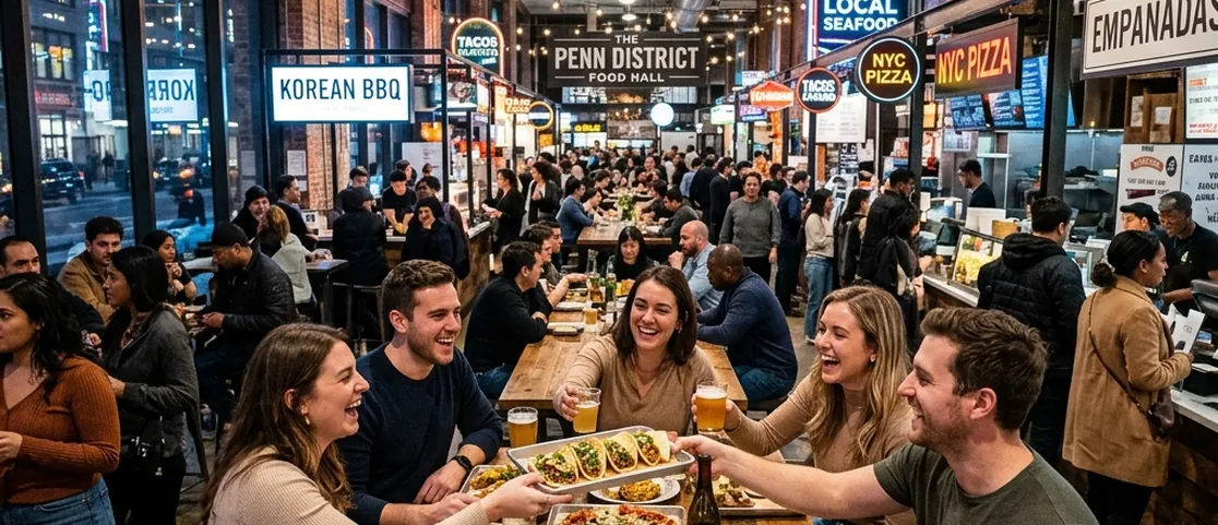Bustling multi-vendor artisan food hall in Manhattan with friends sharing food trays and drinks around high-top communal tables