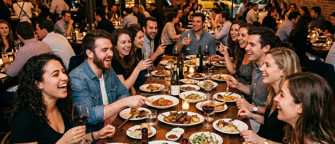 Lively group dinner in a spacious Manhattan restaurant with friends laughing around a long wooden table filled with shared dishes