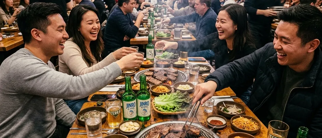 Lively Koreatown barbecue table with sizzling beef short ribs on tabletop grills, side dishes, and soju bottles in Manhattan
