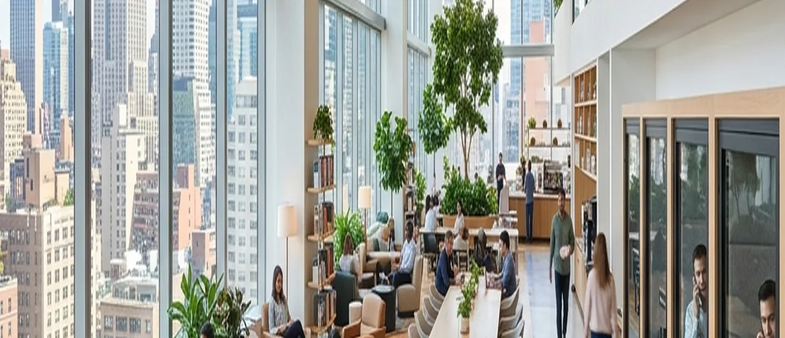 Sleek modern Manhattan fitness club interior with wooden flooring, dumbbells, and cardio equipment