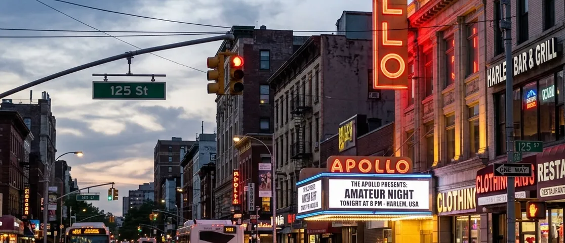 West 125th Street in Harlem at dusk showing the glowing red neon marquee of the historic Apollo Theater