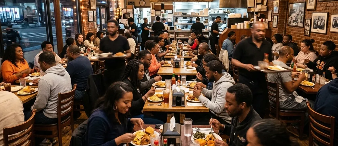 Bustling soul food restaurant interior in Harlem with southern dishes