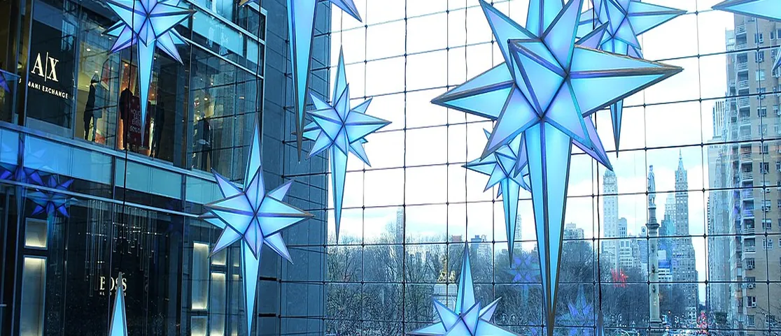 Columbus Circle holiday star lights and winter market promenade