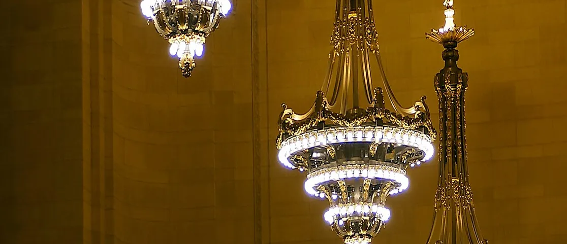 Grand Central Terminal Vanderbilt Hall soaring chandeliers hosting the indoor Holiday Fair