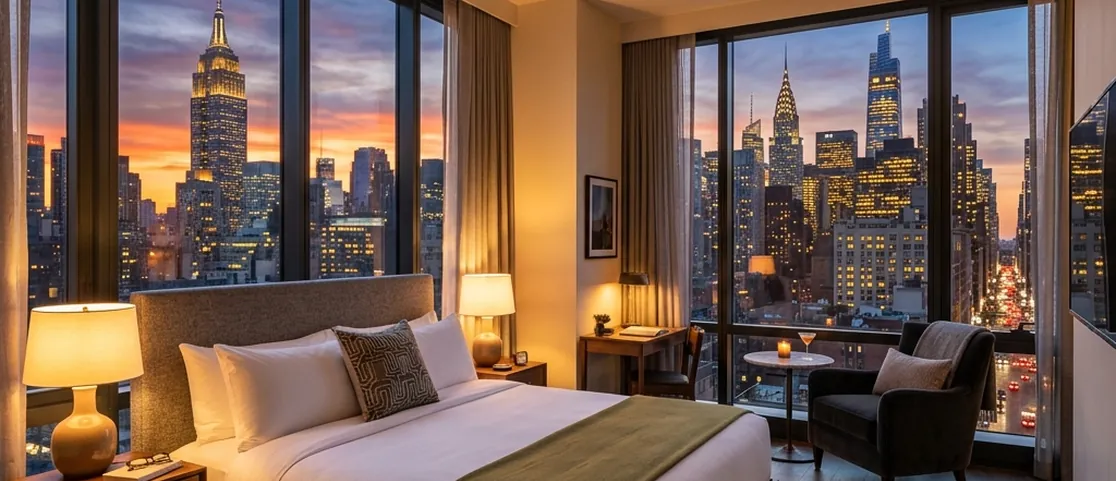 Stylish Manhattan boutique hotel room with floor-to-ceiling windows overlooking Midtown skyline sunset with warm ambient lighting