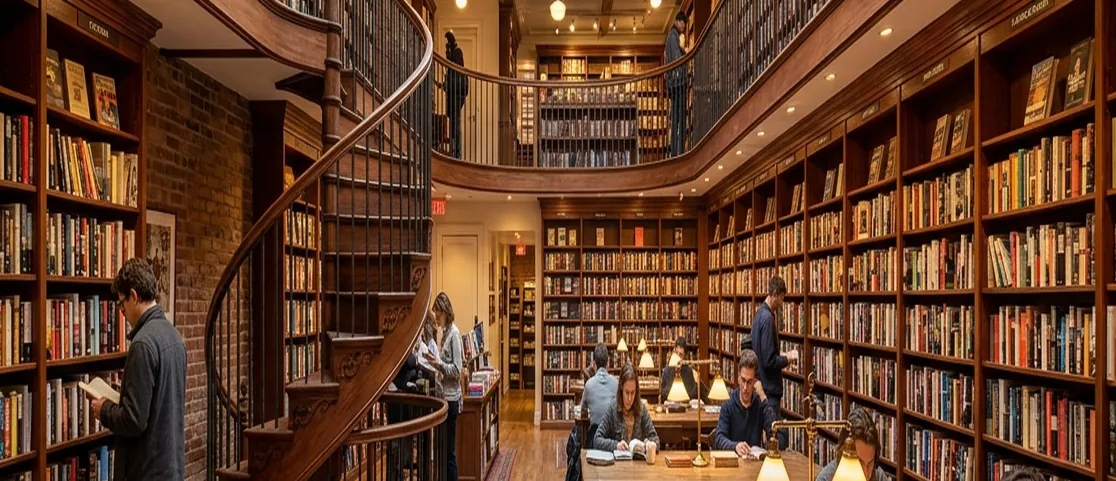 Warm interior of Housing Works Bookstore in SoHo with tall mahogany bookshelves, spiral staircase, reading lamps, and cafe tables