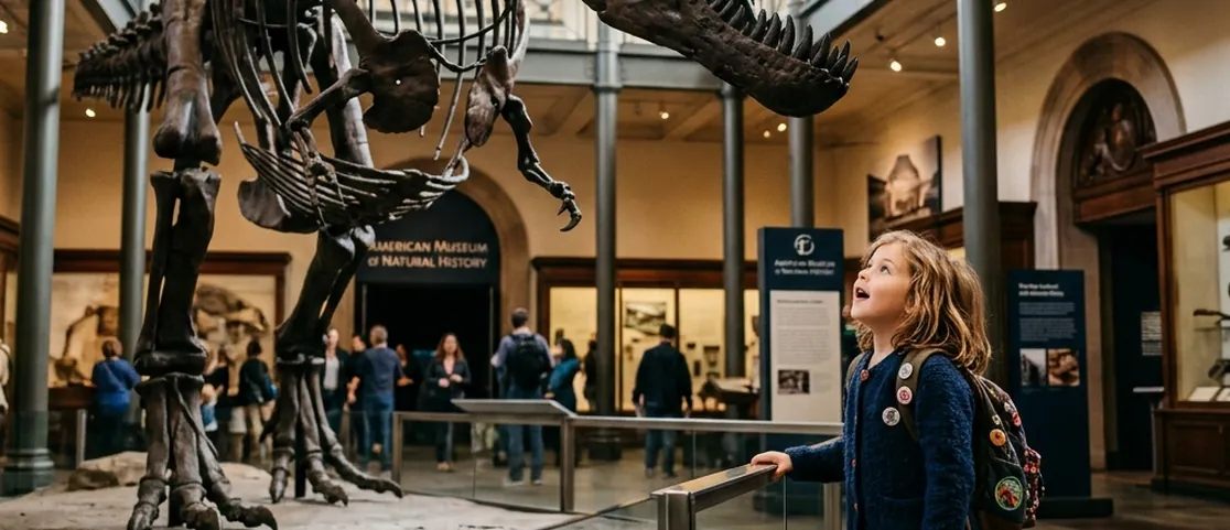 Bright spacious indoor Manhattan family museum hall with interactive exhibits and sunlight streaming through glass ceilings