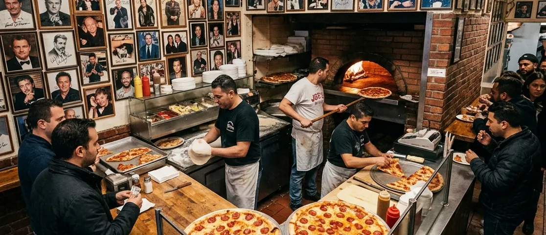 Celebrity photo-lined wall and bustling counter interior at Joe's Pizza on Carmine Street with hot pepperoni pies on metal display stands