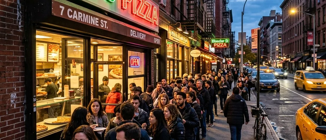 Iconic exterior of Joe's Pizza on Carmine Street at dusk with green and red neon signs, sidewalk line, and patrons eating pizza