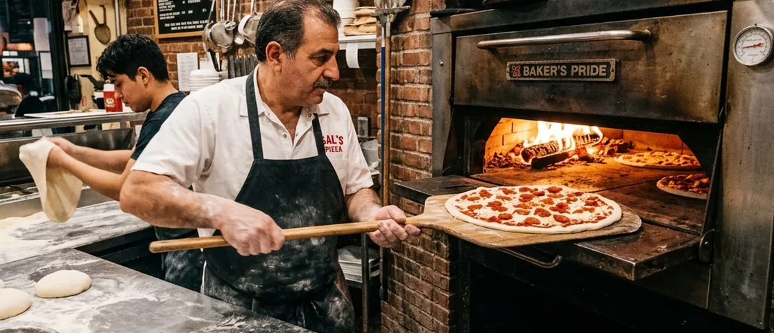 New York pizza chef stretching fresh dough and sliding a large 18-inch pizza pie into a hot deck oven behind the stainless steel counter