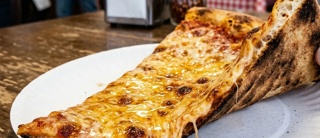 Classic New York plain cheese pizza slice on a white paper plate showing the crisp, thin crust fold and melted golden cheese sheen