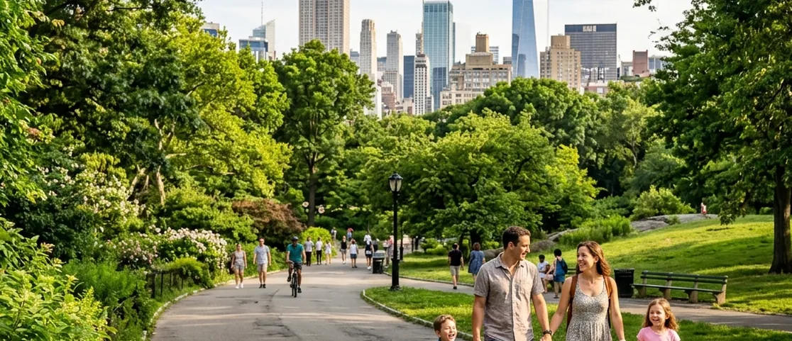 Happy family with young children walking happily along a scenic sunlit park pathway in Manhattan with skyline view