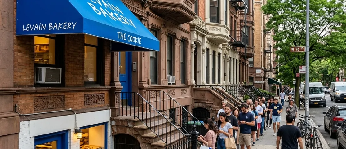 Iconic blue-awning basement entrance of the original Levain Bakery on West 74th Street in Manhattan under historic brownstones