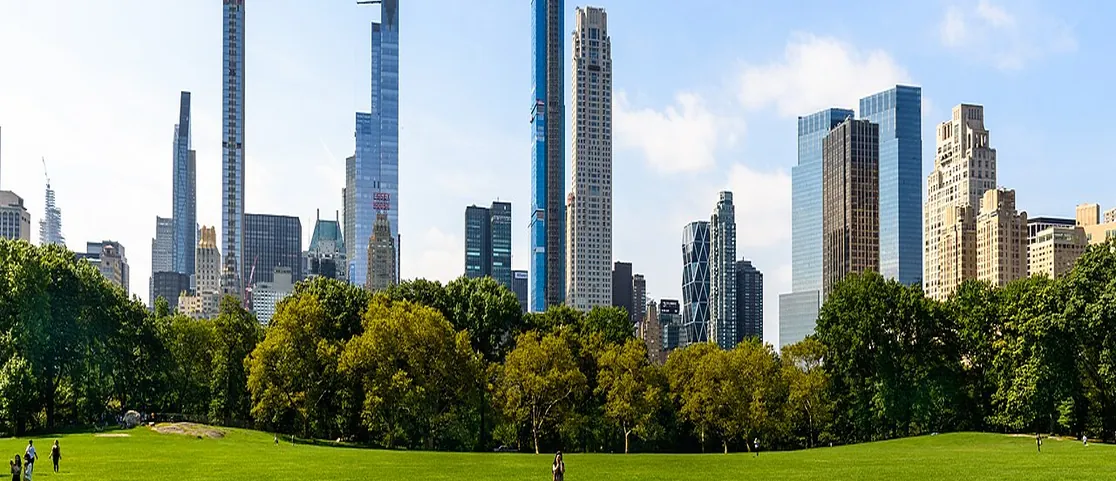 Sunlit Sheep Meadow green lawn and Manhattan skyline in Central Park for an outdoor picnic break