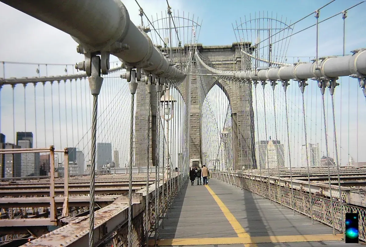 Brooklyn Bridge cables and Lower Manhattan skyline from the Manhattan approach