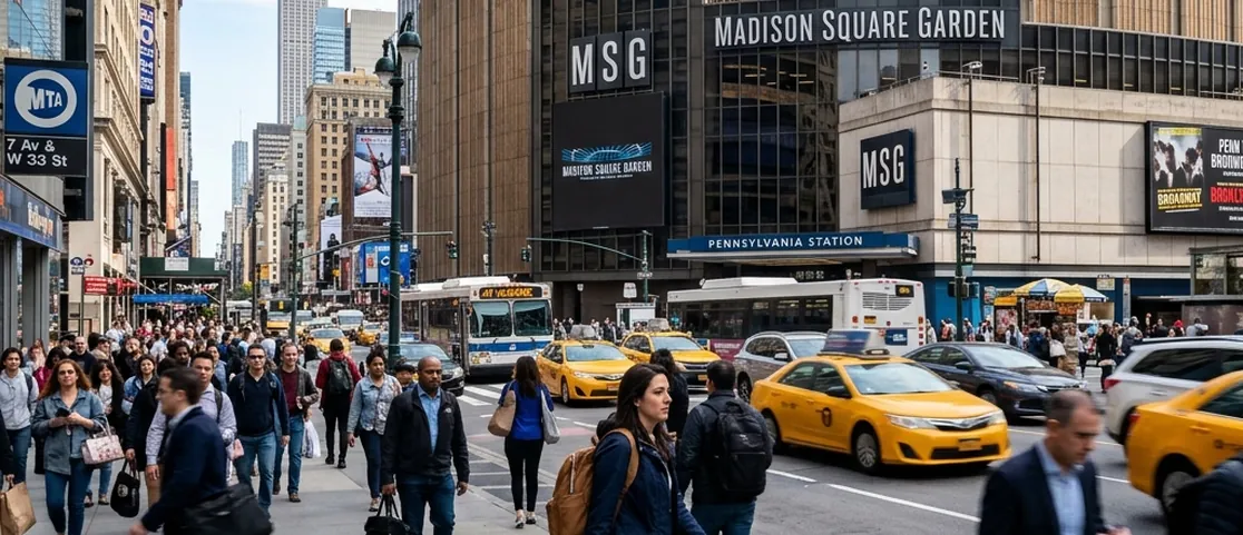 A traveler walking with a rolling suitcase near Madison Square Garden and Penn Station in Manhattan
