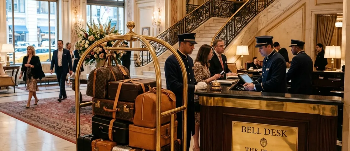 Luxury hotel bell desk with a brass luggage cart stacked with suitcases