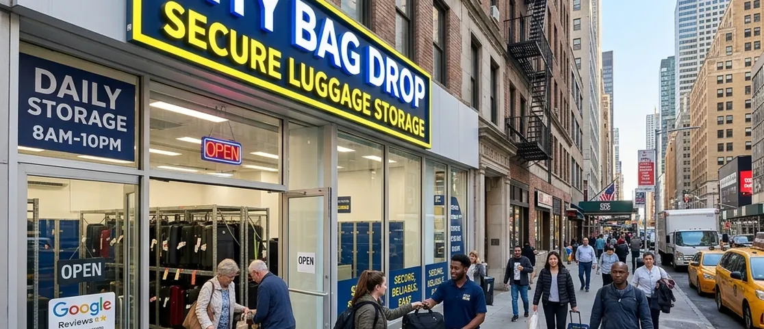 Specialized luggage storage storefront with people dropping off bags