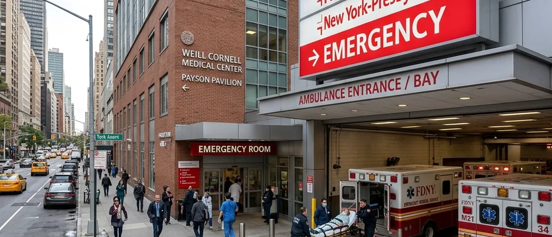 Exterior view of a major Manhattan hospital emergency room entrance with ambulance bay and clear medical signage
