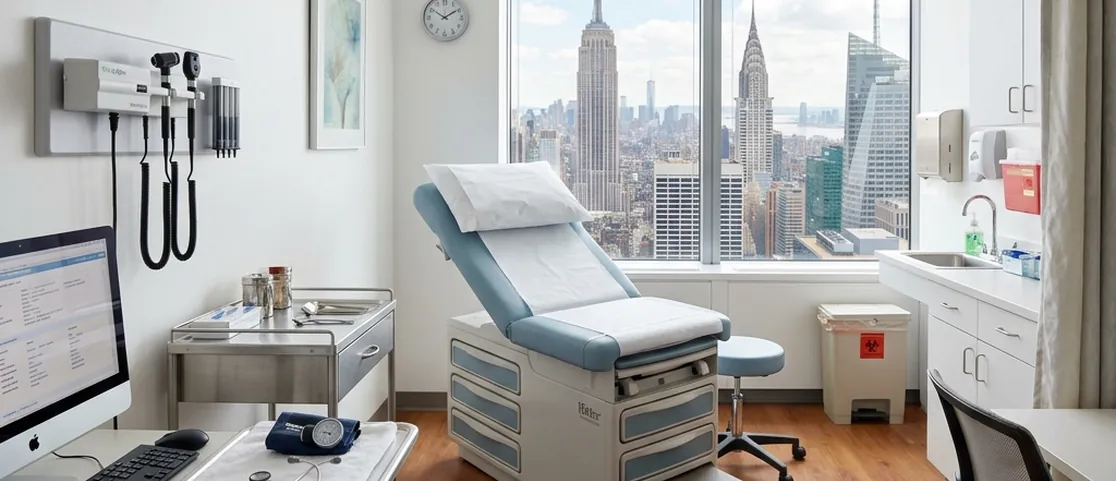 Clean exam room with medical examination table, diagnostic equipment, and stethoscope in a Manhattan medical clinic