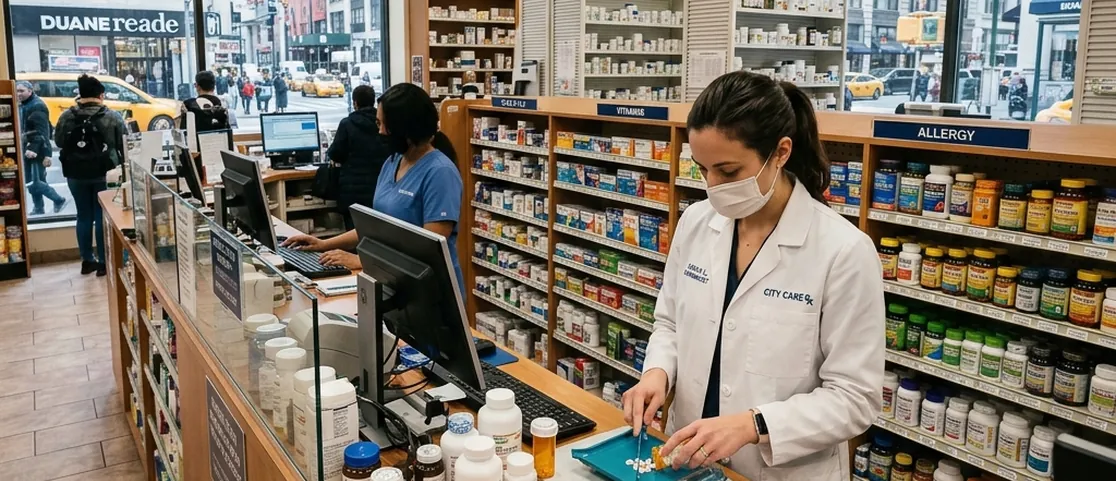 Retail pharmacy consultation counter with pharmacist preparing prescriptions and health supplies in a Manhattan pharmacy