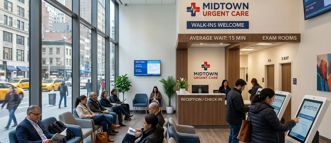 Modern walk-in urgent care center interior with comfortable waiting chairs and digital patient check-in kiosks in Midtown Manhattan