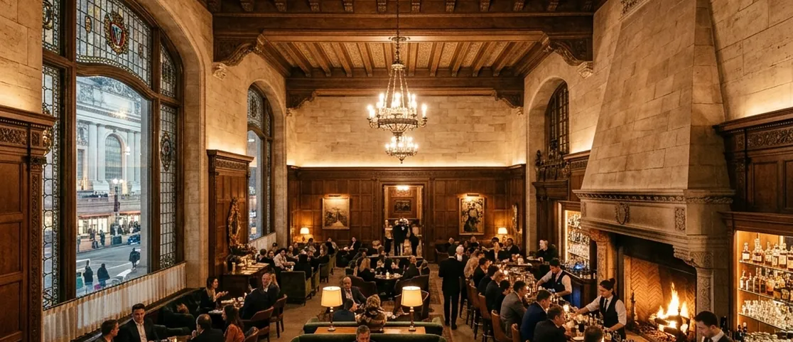 The Campbell cocktail lounge inside Grand Central Terminal with 1920s leaded glass and stone fireplace