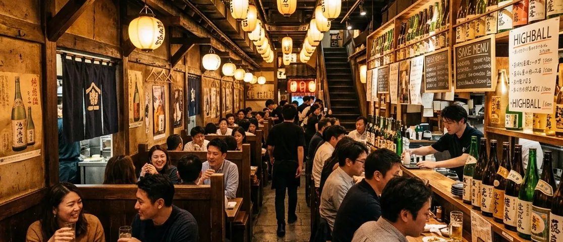 Cozy subterranean Japanese izakaya dining room at Sakagura in Midtown East Manhattan
