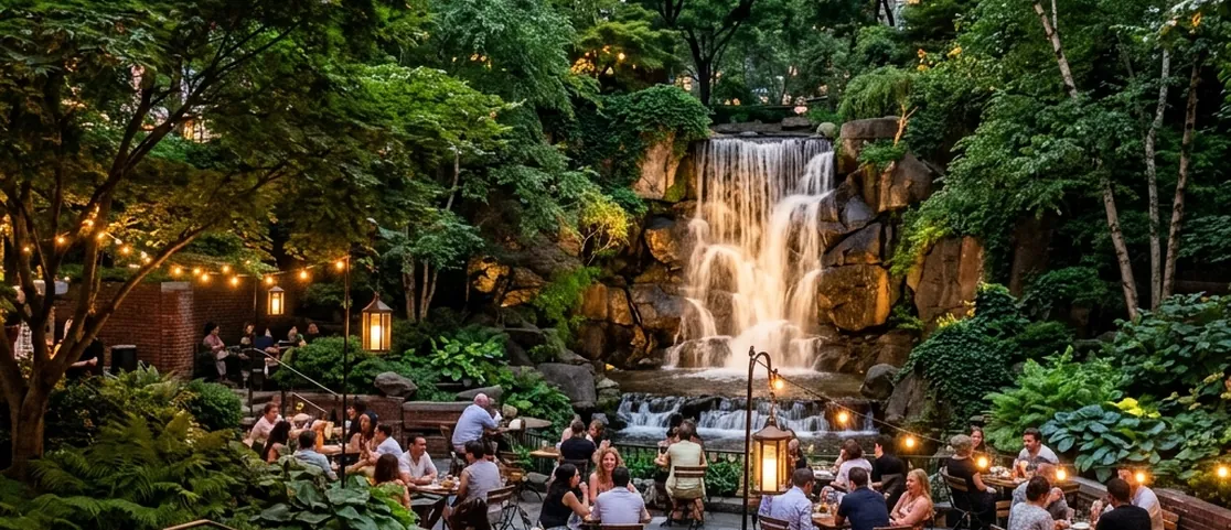 Hidden 25-foot cascading waterfall and evening terrace seating at Greenacre Park in Midtown East