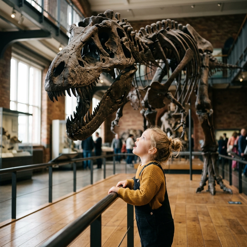 A child looking at a dinosaur skeleton