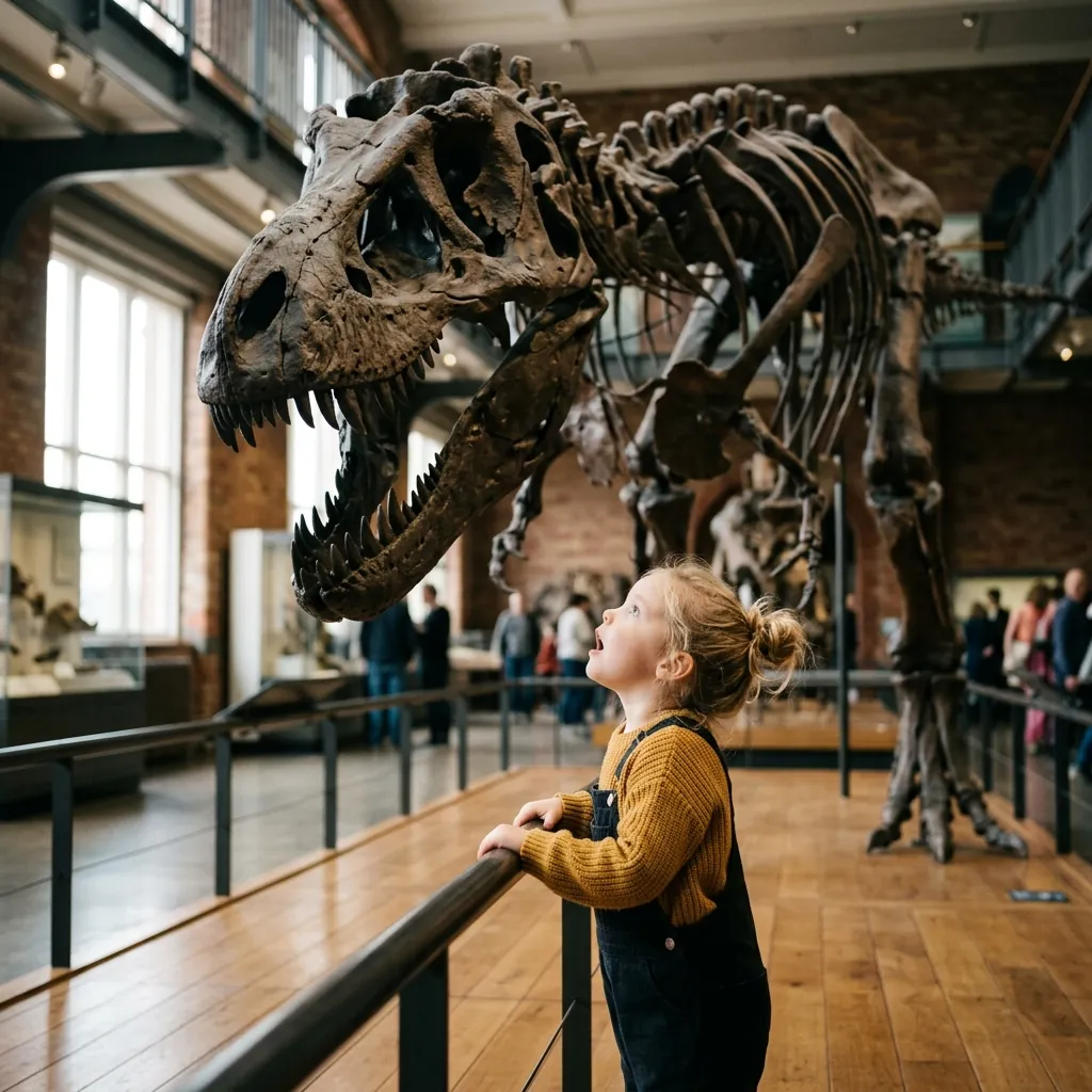 A child looking at a dinosaur skeleton