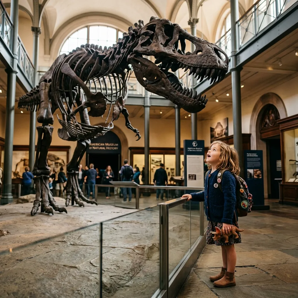 A young girl looking up in awe at a massive T-Rex skeleton in a natural history museum.