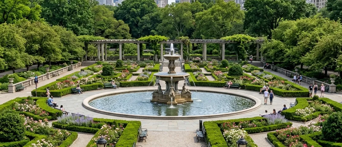The formal Central Park Conservatory Garden on 5th Avenue in Manhattan with a grand fountain and paved walkways
