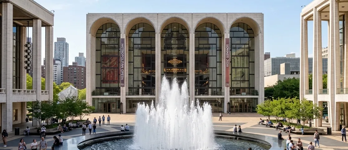 Lincoln Center Plaza in Manhattan with iconic fountain and travertine marble architecture