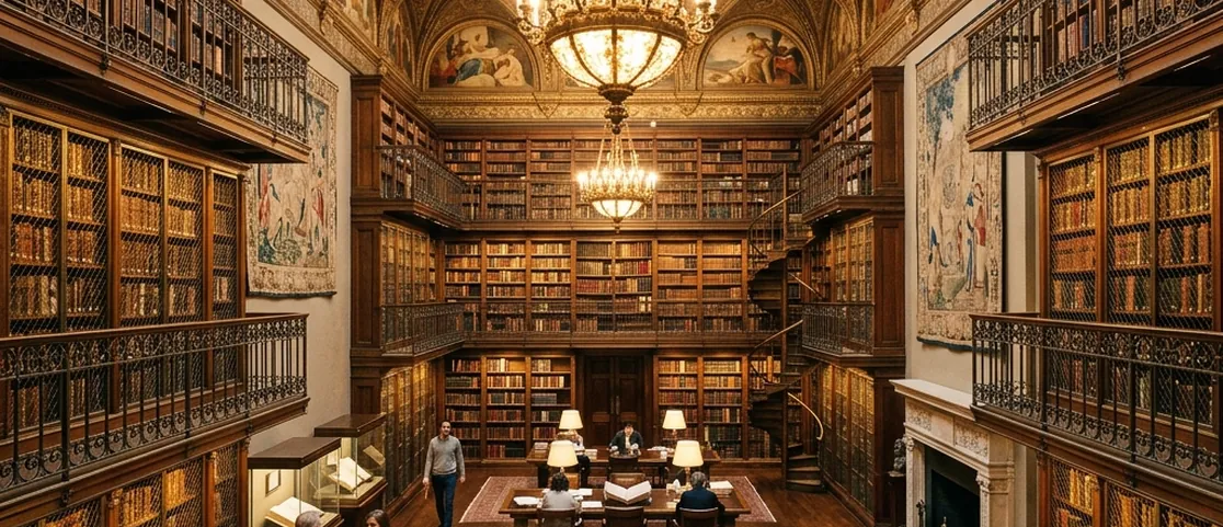 Historic interior of The Morgan Library and Museum with three-story bookshelves