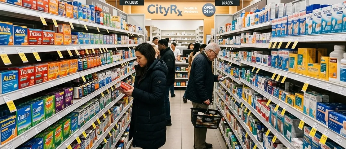 Well-stocked over-the-counter medicine and first aid aisle inside a Manhattan pharmacy