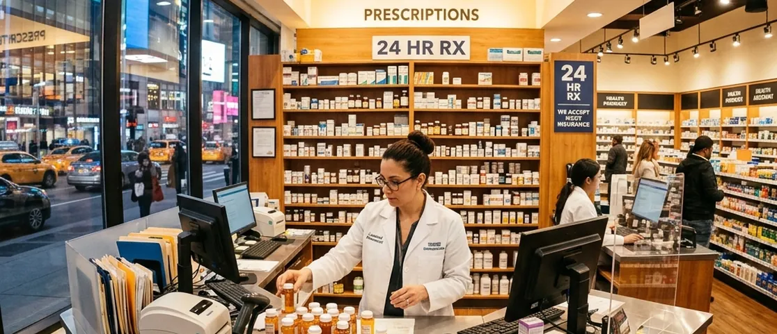 Licensed pharmacist behind a 24-hour late-night prescription counter in Manhattan