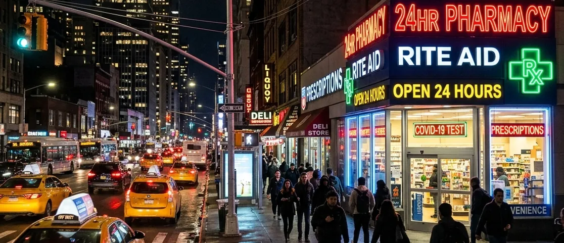 Illuminated 24-hour Duane Reade and CVS pharmacy storefronts in Manhattan at night with glowing Rx signs