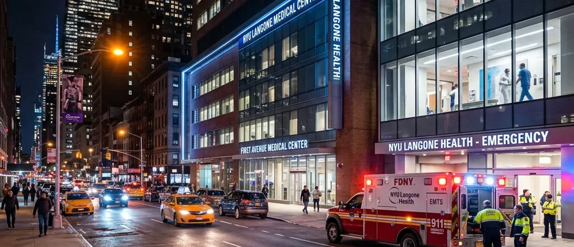 First Avenue medical corridor near NYU Langone hospital in Manhattan at night