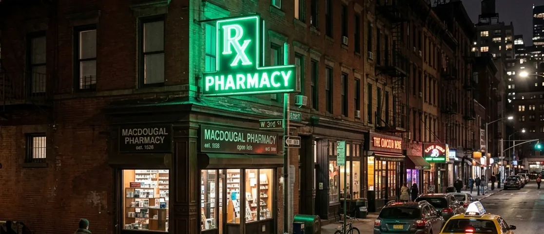 Glowing green Rx pharmacy neon sign on a Manhattan brick building corner at night