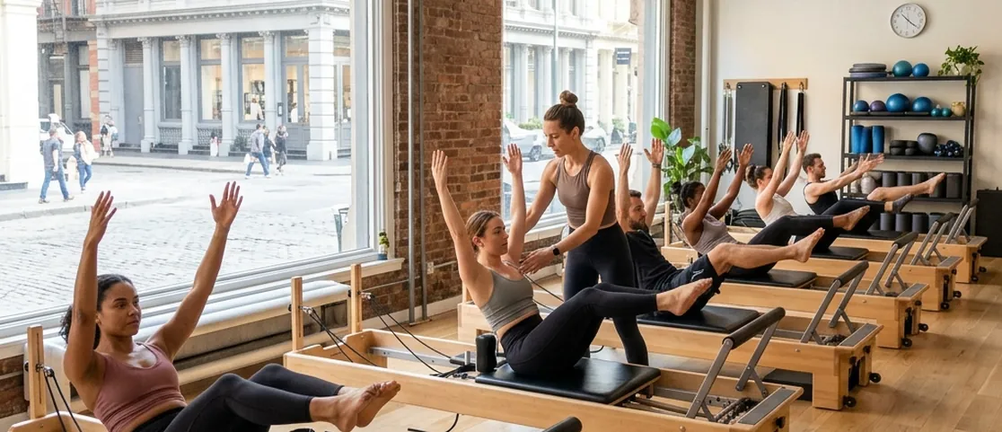 Dynamic group reformer class in a modern sunlit SoHo studio with instructor guiding students
