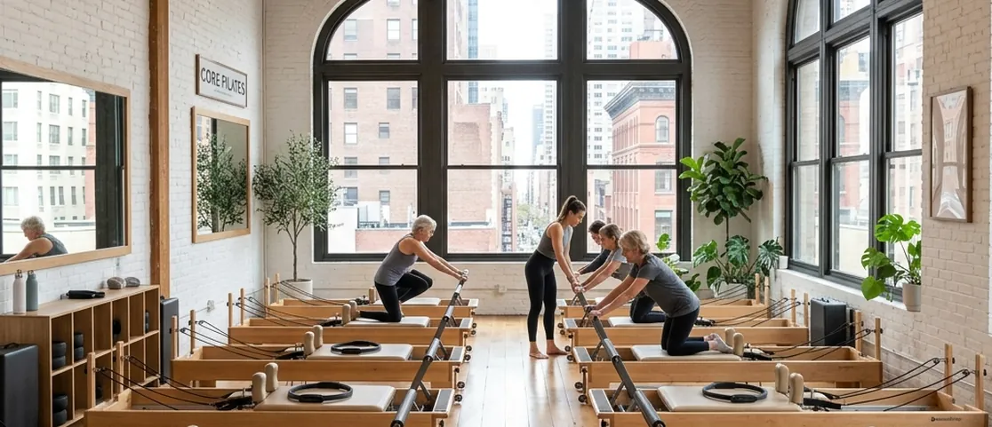 Serene sunlit boutique Pilates studio in a Manhattan loft with rows of wooden reformer machines and large arched windows