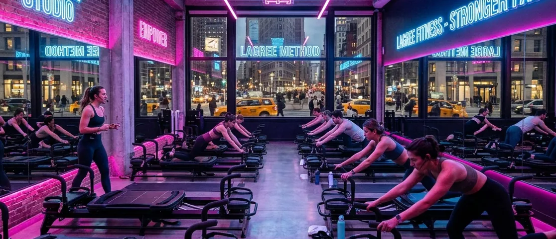 High-intensity modern Megaformer machines with neon studio lighting in a Flatiron fitness studio in Manhattan