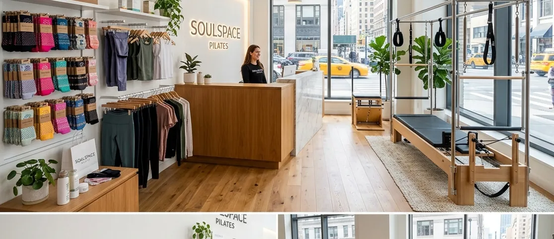 Clean modern boutique Pilates studio reception lounge with wellness drinks, branded grip socks, and equipment display in Manhattan