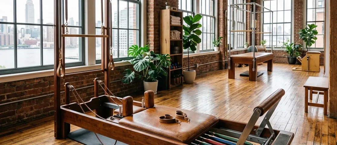 Classical wood and leather Pilates reformer with springs and straps in a Tribeca loft studio