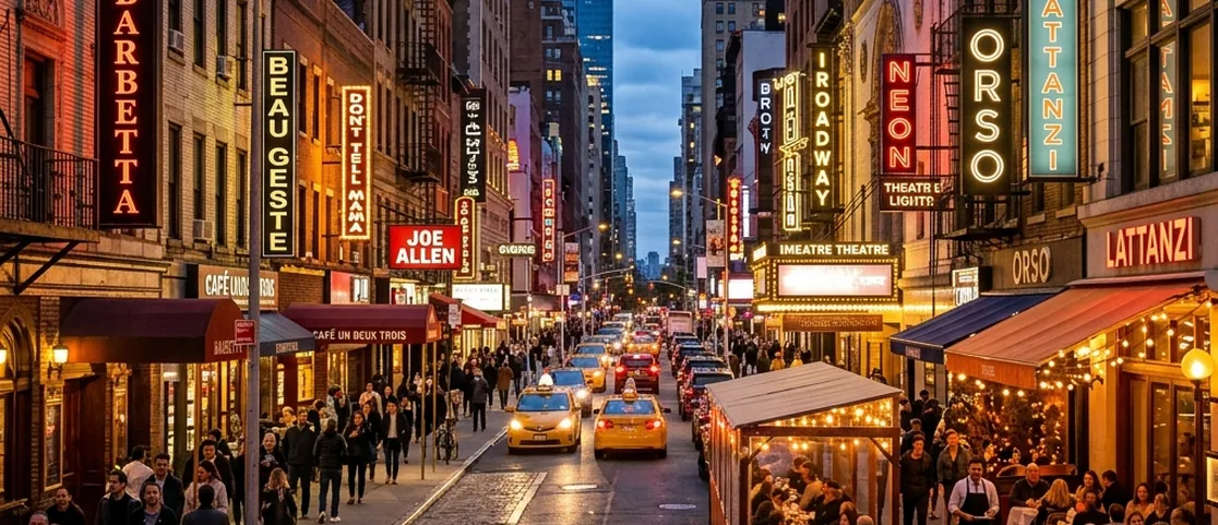 Restaurant Row on West 46th Street in Manhattan at dusk with glowing neon theater lights and dining tables