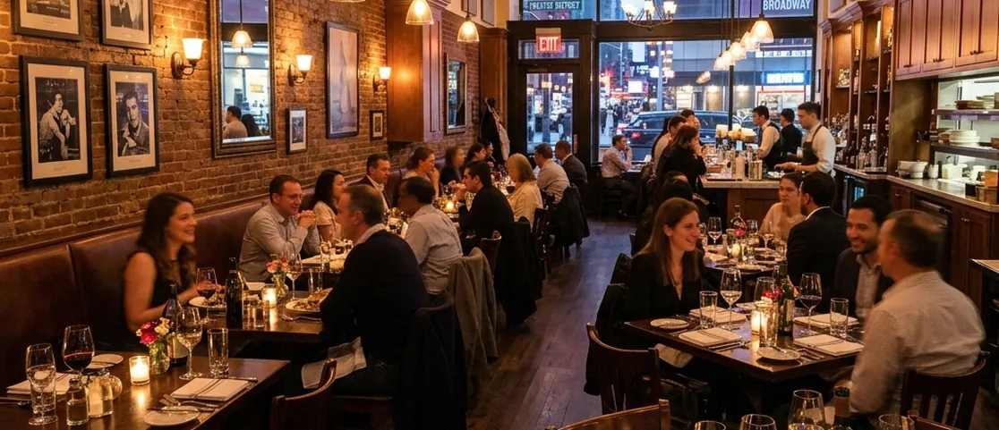 Upscale warm bistro dining room in Midtown Manhattan near Broadway